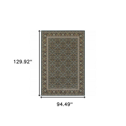 8' X 11' Navy Blue Green Red Ivory And Yellow Oriental Power Loom Stain Resistant Area Rug