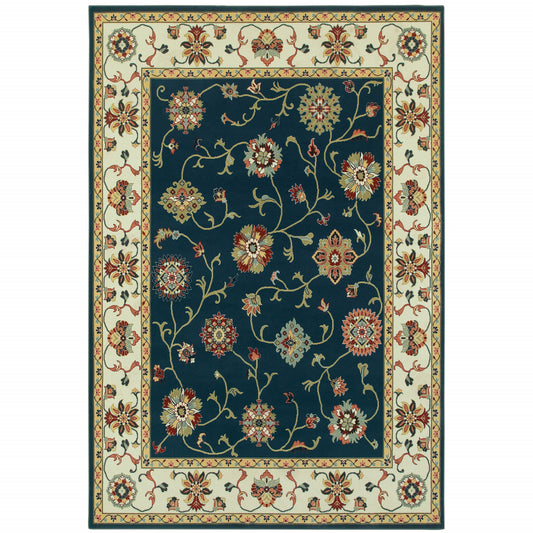 5' X 8' Navy And Ivory Oriental Power Loom Stain Resistant Area Rug