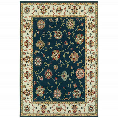 5' X 8' Navy And Ivory Oriental Power Loom Stain Resistant Area Rug