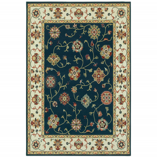 5' X 8' Navy And Ivory Oriental Power Loom Stain Resistant Area Rug