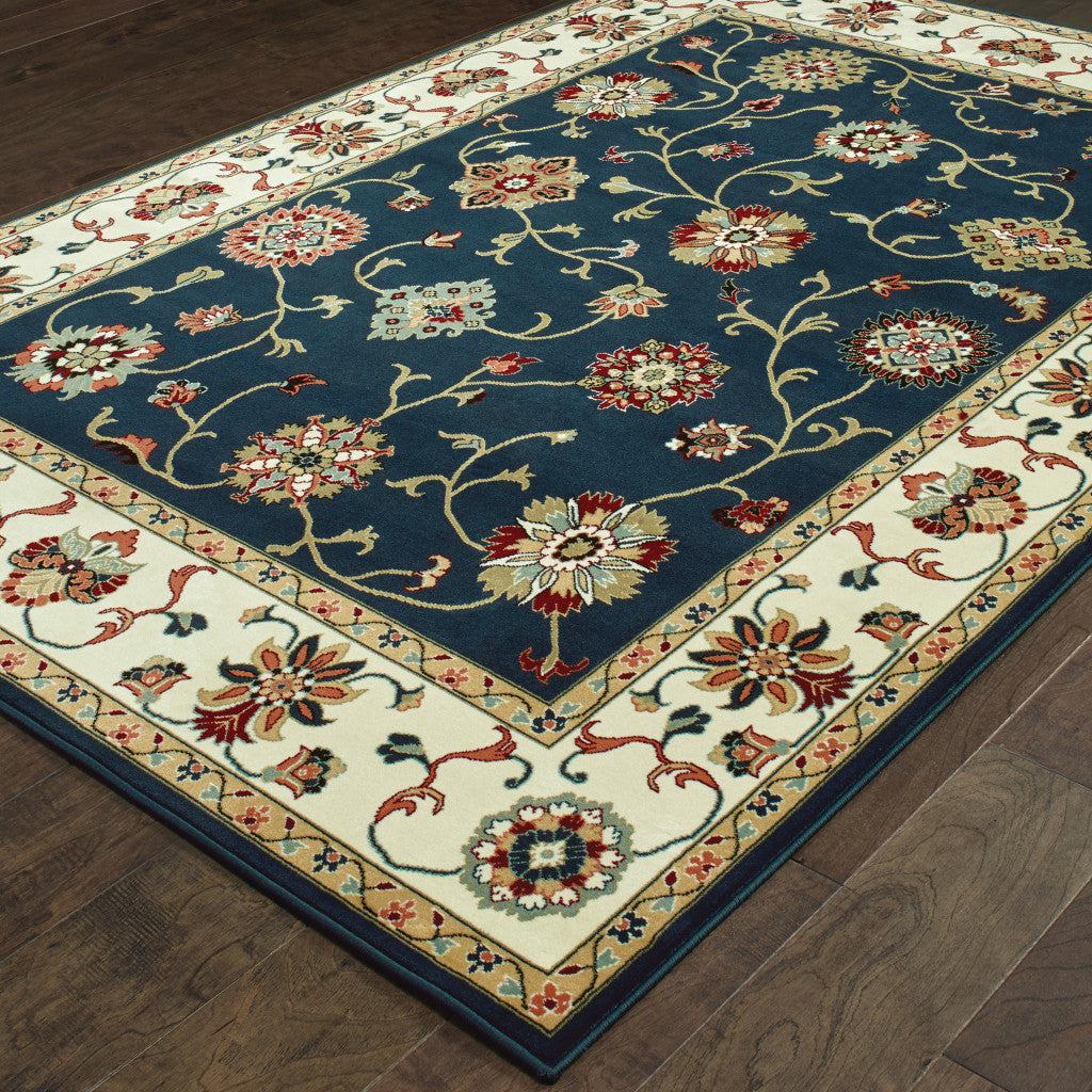 5' X 8' Navy And Ivory Oriental Power Loom Stain Resistant Area Rug