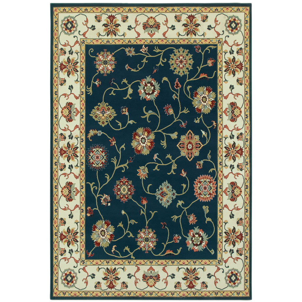 10' X 13' Navy And Ivory Oriental Power Loom Stain Resistant Area Rug