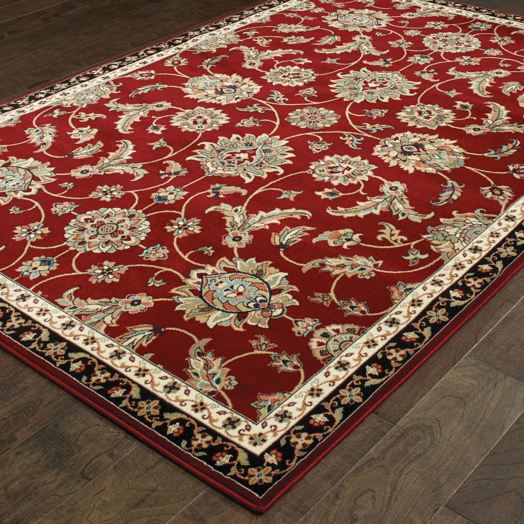 4' X 6' Red Black Blue Ivory Green And Salmon Oriental Power Loom Stain Resistant Area Rug