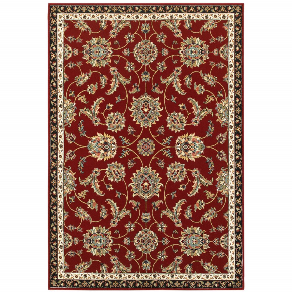 6' x 9' red, black, blue, ivory, green and salmon oriental power loom stain-resistant area rug