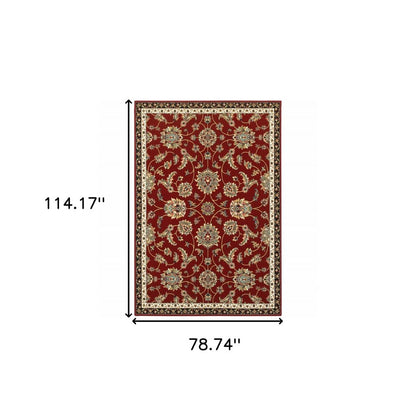 6' X 9' Red Black Blue Ivory Green And Salmon Oriental Power Loom Stain Resistant Area Rug