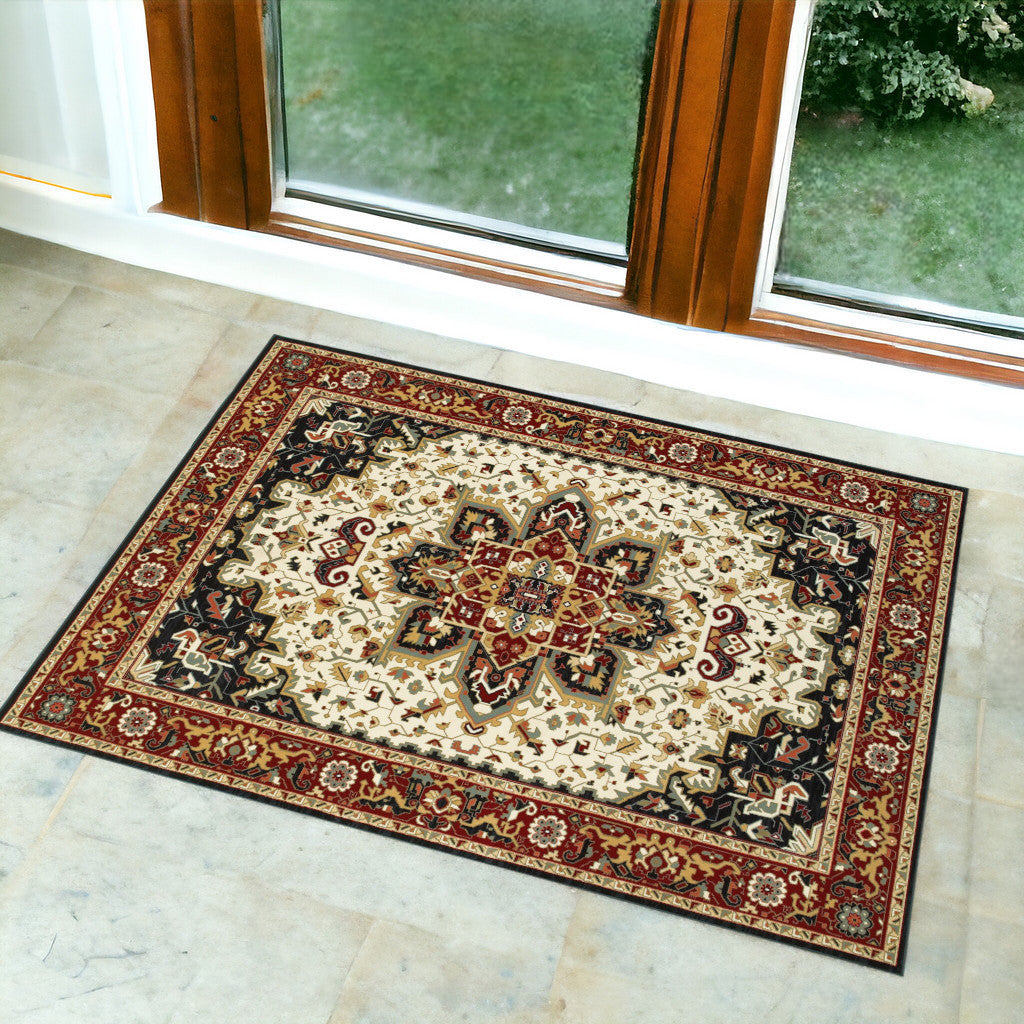 2' X 3' Red and Ivory Oriental Power Loom Area Rug