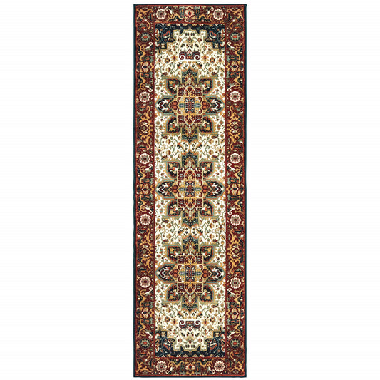 2' X 8' Red And Ivory Oriental Power Loom Stain Resistant Runner Rug