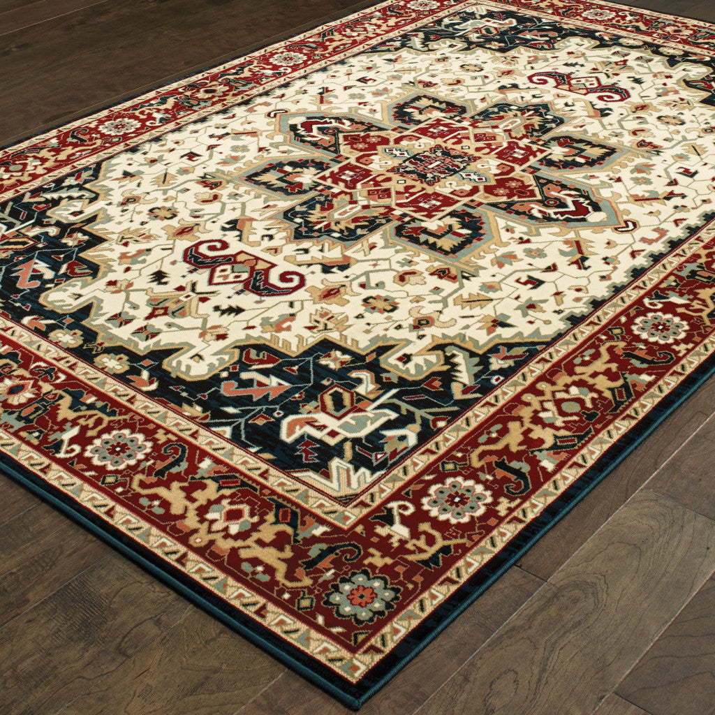 5' X 8' Red And Ivory Oriental Power Loom Stain Resistant Area Rug