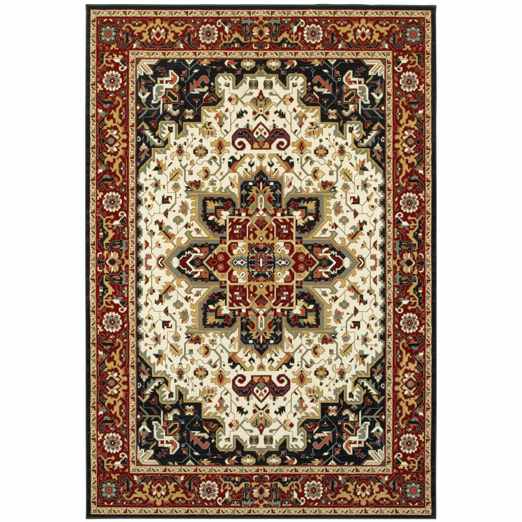 8' X 11' Red And Ivory Oriental Power Loom Stain Resistant Area Rug