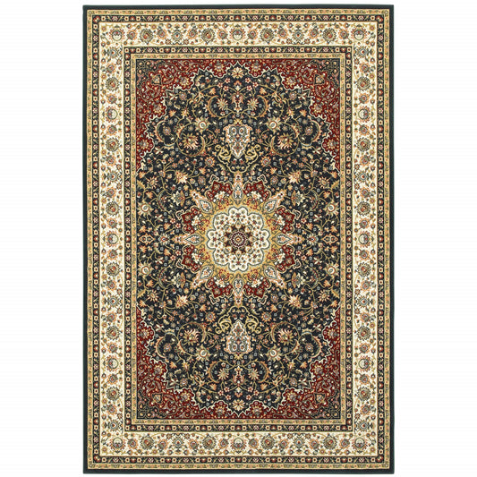 2' X 4' Navy And Ivory Oriental Power Loom Stain Resistant Area Rug