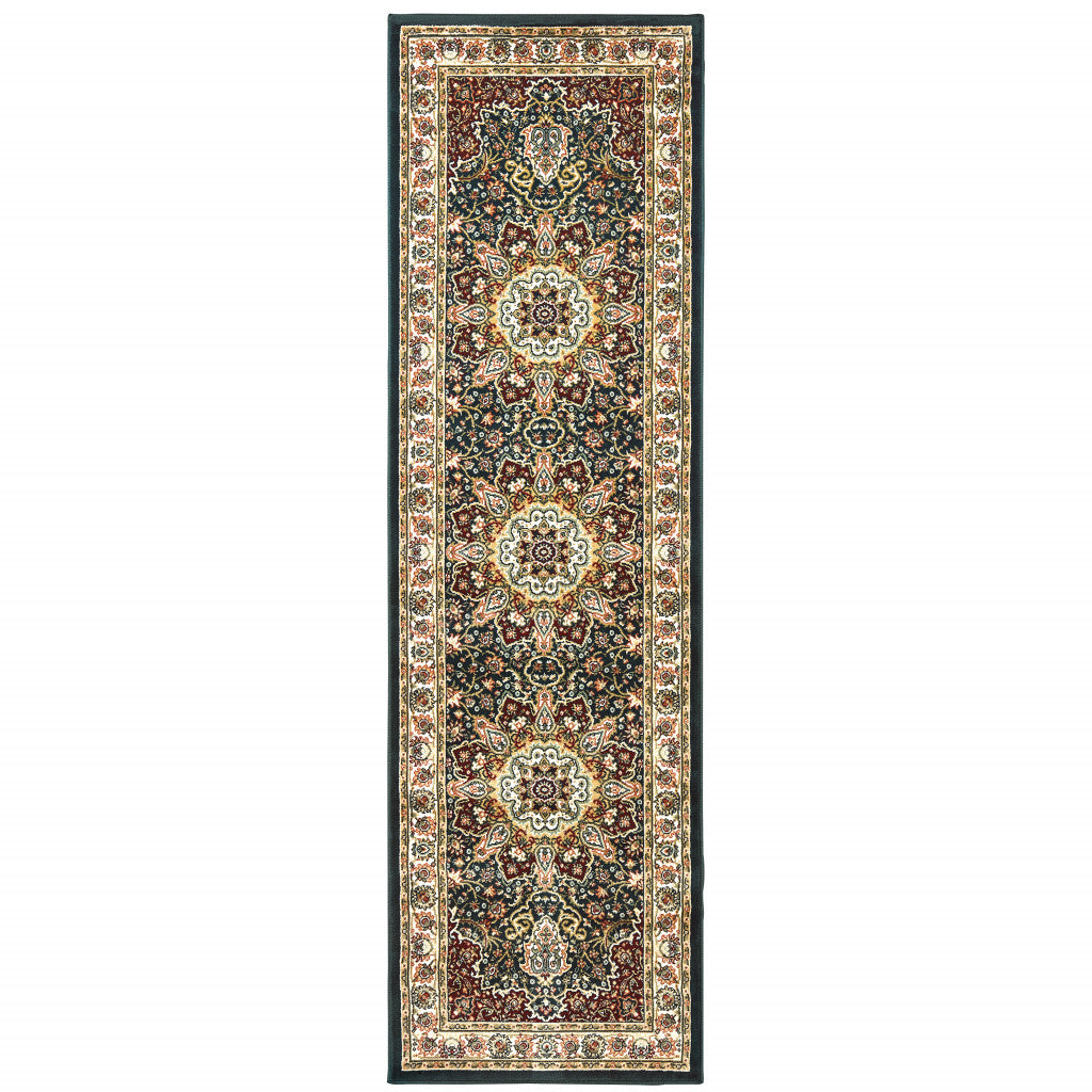 2' X 8' Navy And Ivory Oriental Power Loom Stain Resistant Runner Rug
