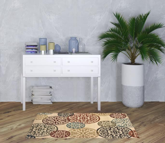 3' X 5' Beige Geometric Power Loom Stain Resistant Area Rug