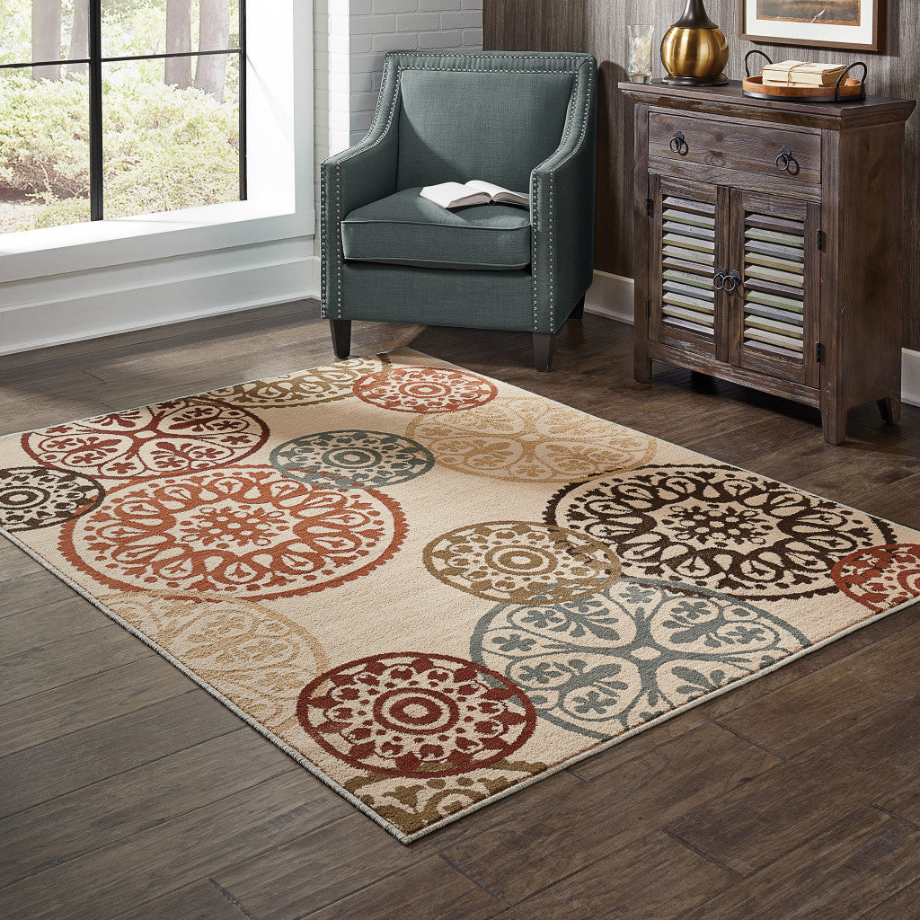 5' X 7' Beige Geometric Power Loom Stain Resistant Area Rug