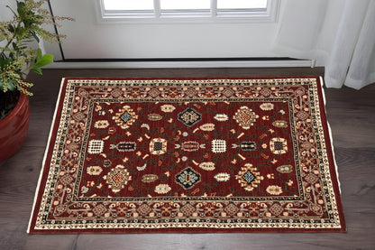 2' X 3' Red Black Ivory And Brown Oriental Power Loom Stain Resistant Area Rug With Fringe