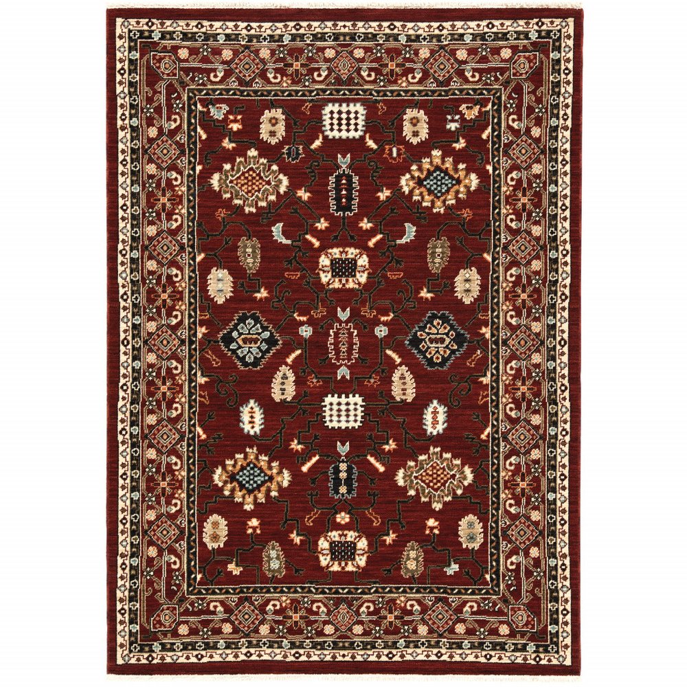 2' X 3' Red Black Ivory And Brown Oriental Power Loom Stain Resistant Area Rug With Fringe