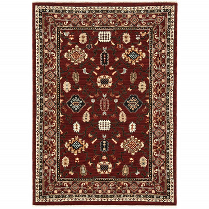 2' X 3' Red Black Ivory And Brown Oriental Power Loom Stain Resistant Area Rug With Fringe