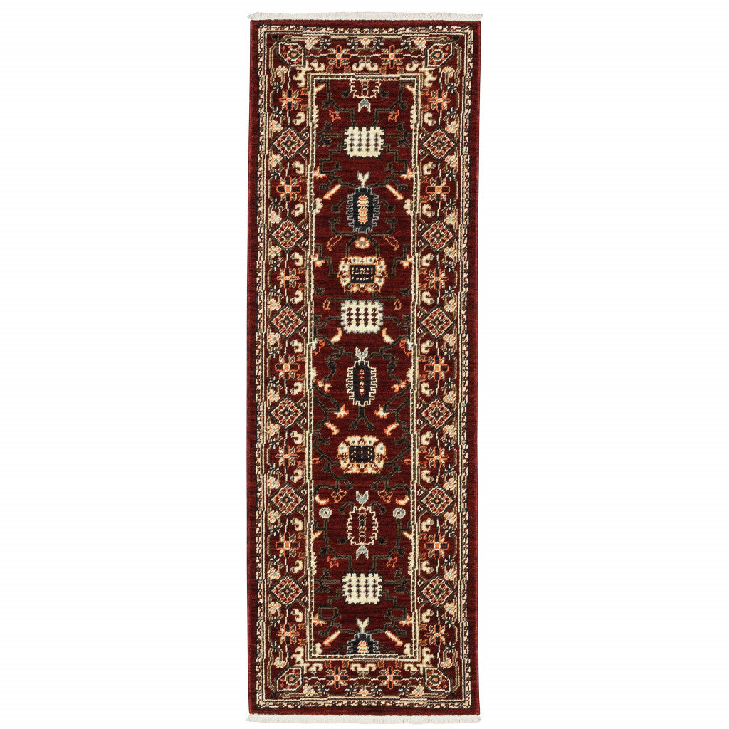 2' X 6' Red Black Ivory And Brown Oriental Power Loom Stain Resistant Runner Rug With Fringe