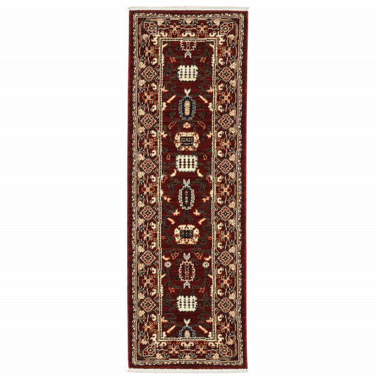 2' X 6' Red Black Ivory And Brown Oriental Power Loom Stain Resistant Runner Rug With Fringe