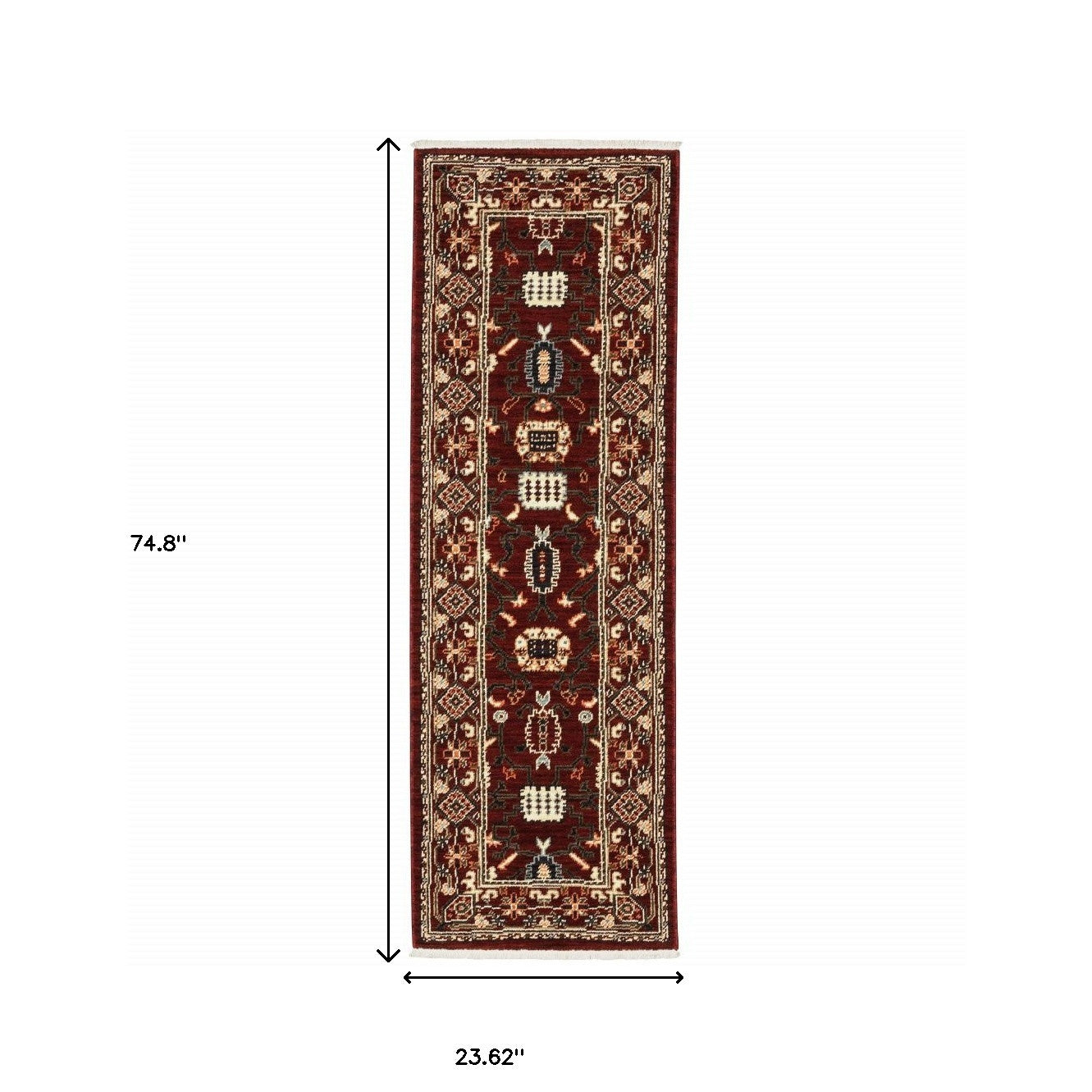 2' X 6' Red Black Ivory And Brown Oriental Power Loom Stain Resistant Runner Rug With Fringe