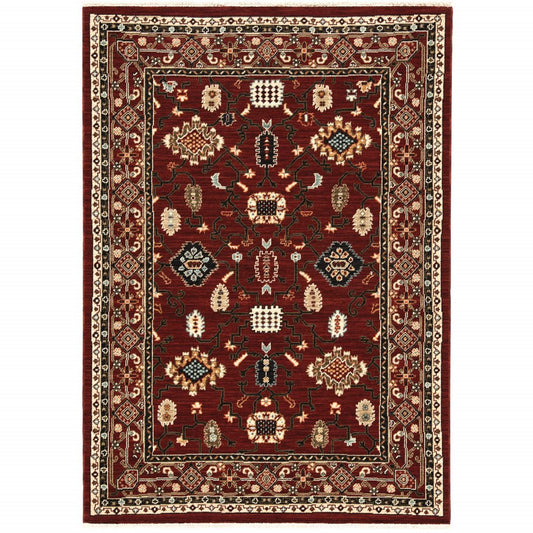 3' X 5' Red Black Ivory And Brown Oriental Power Loom Stain Resistant Area Rug With Fringe