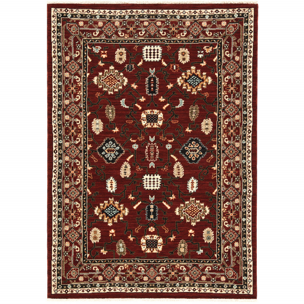 3' X 5' Red Black Ivory And Brown Oriental Power Loom Stain Resistant Area Rug With Fringe