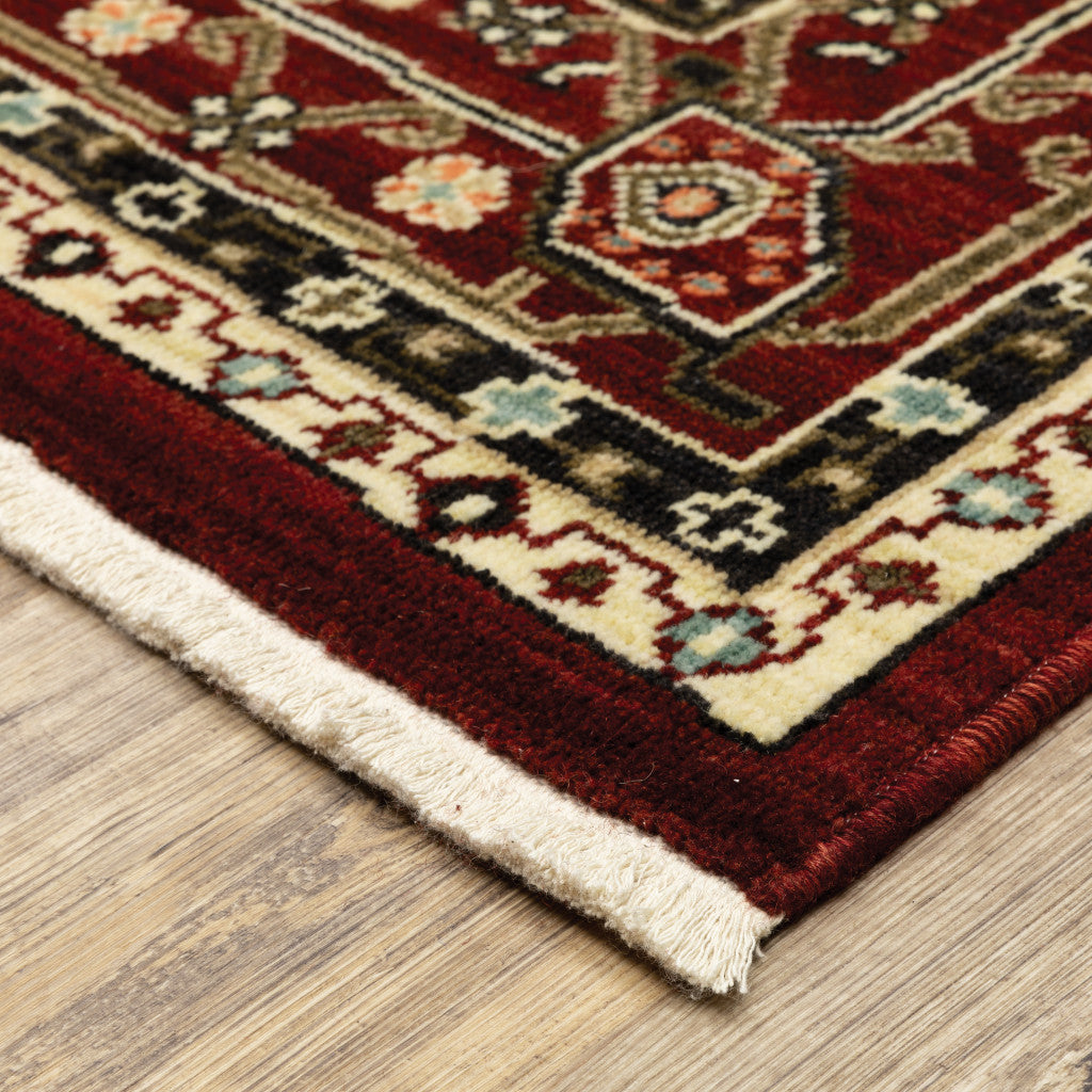 3' X 5' Red Black Ivory And Brown Oriental Power Loom Stain Resistant Area Rug With Fringe