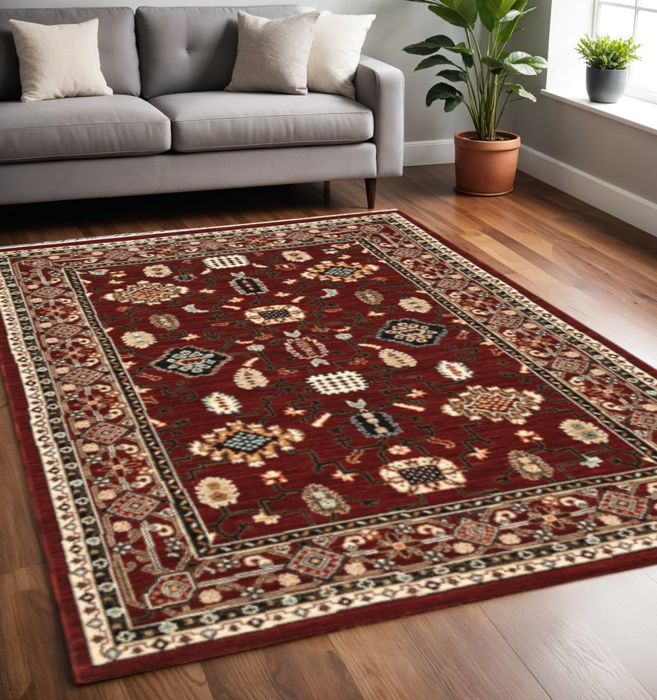 5' X 8' Red And Black Oriental Power Loom Area Rug With Fringe
