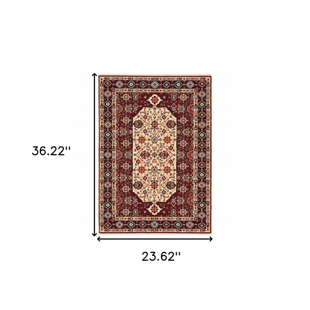 2' X 3' Red Ivory Blue And Orange Oriental Power Loom Stain Resistant Area Rug With Fringe