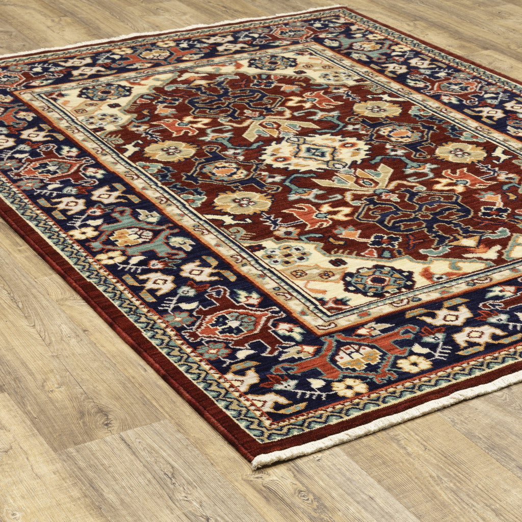 2' X 3' Red Blue Orange And Beige Oriental Power Loom Stain Resistant Area Rug With Fringe