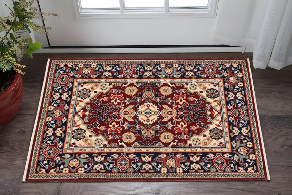 3' X 5' Blue and Red Oriental Power Loom Area Rug