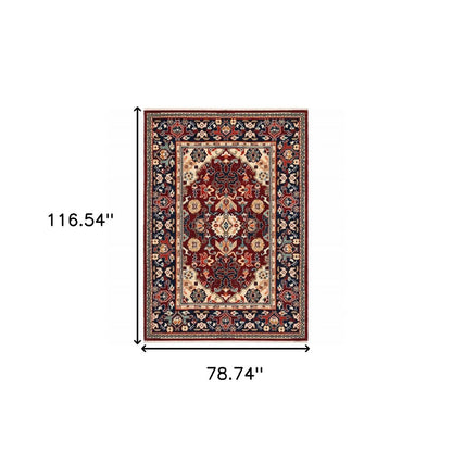 6' X 9' Red Blue Orange And Beige Oriental Power Loom Stain Resistant Area Rug With Fringe