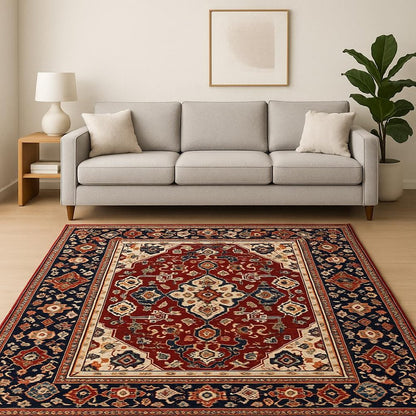 8' X 11' Red Blue Orange And Beige Oriental Power Loom Stain Resistant Area Rug With Fringe