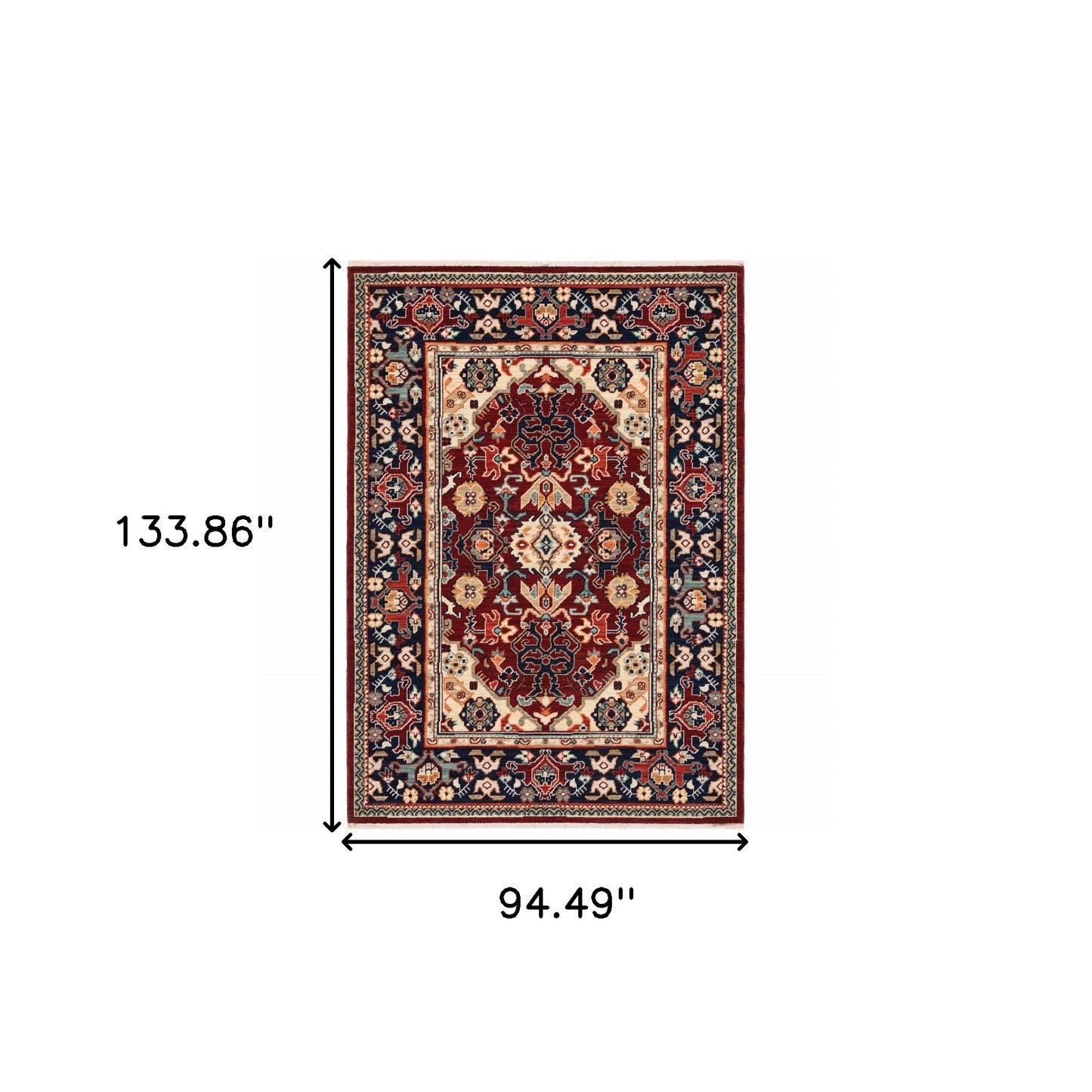 8' X 11' Red Blue Orange And Beige Oriental Power Loom Stain Resistant Area Rug With Fringe