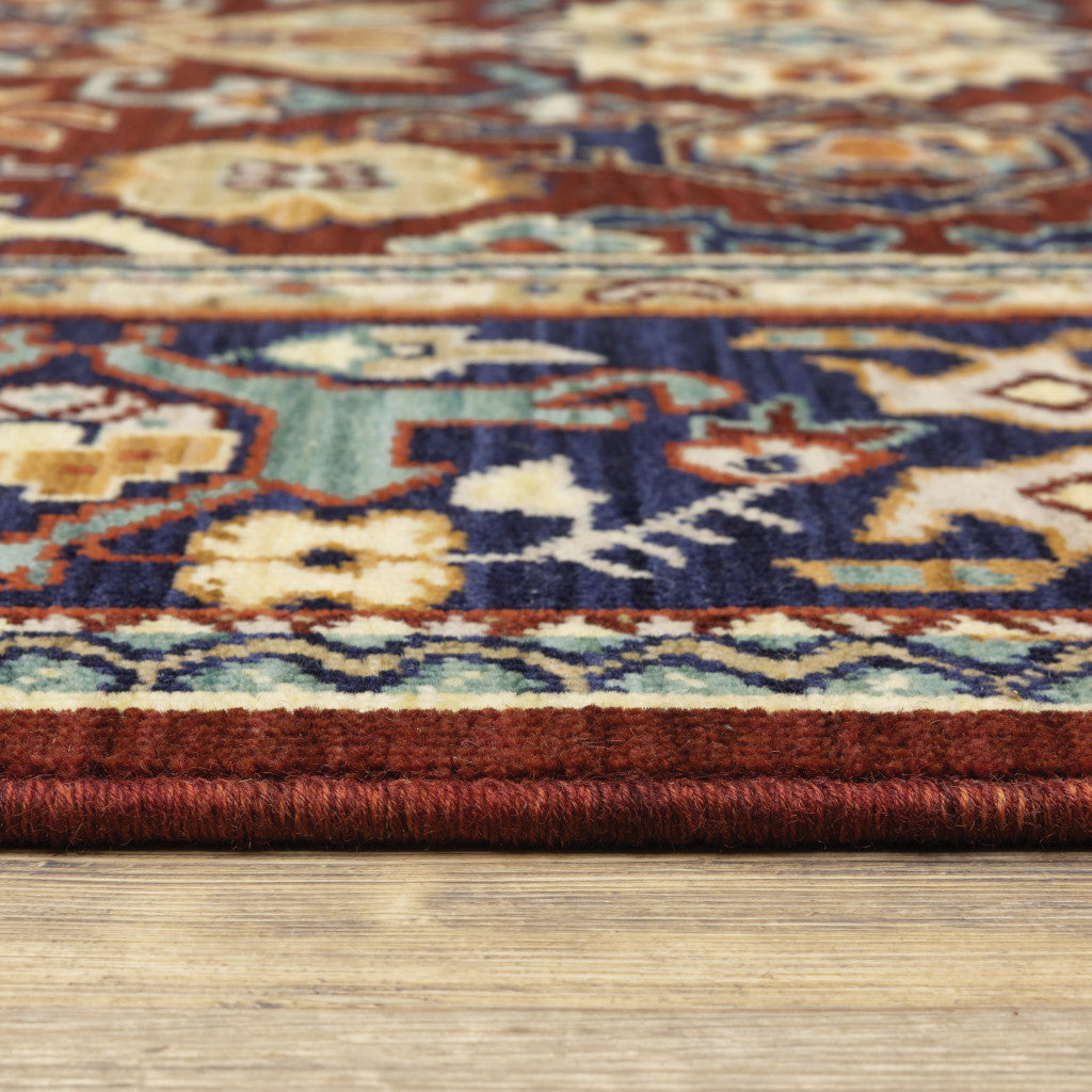 8' X 11' Red Blue Orange And Beige Oriental Power Loom Stain Resistant Area Rug With Fringe