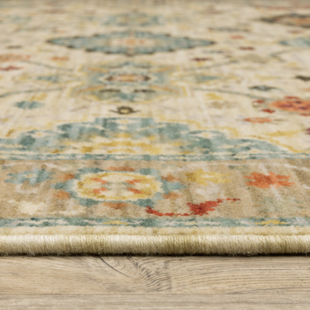 2' X 3' Beige Pale Blue Rust Gold Tan Brown And Orange Oriental Power Loom Stain Resistant Area Rug With Fringe