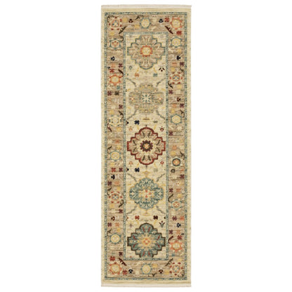 2' X 6' Beige Pale Blue Rust Gold Tan Brown And Orange Oriental Power Loom Stain Resistant Runner Rug With Fringe