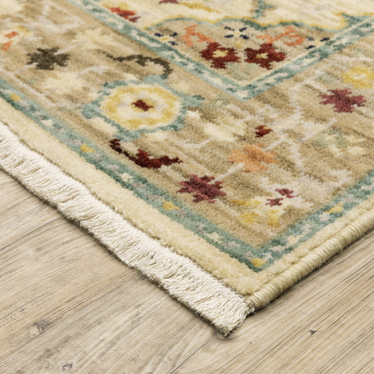 2' X 6' Beige Pale Blue Rust Gold Tan Brown And Orange Oriental Power Loom Stain Resistant Runner Rug With Fringe