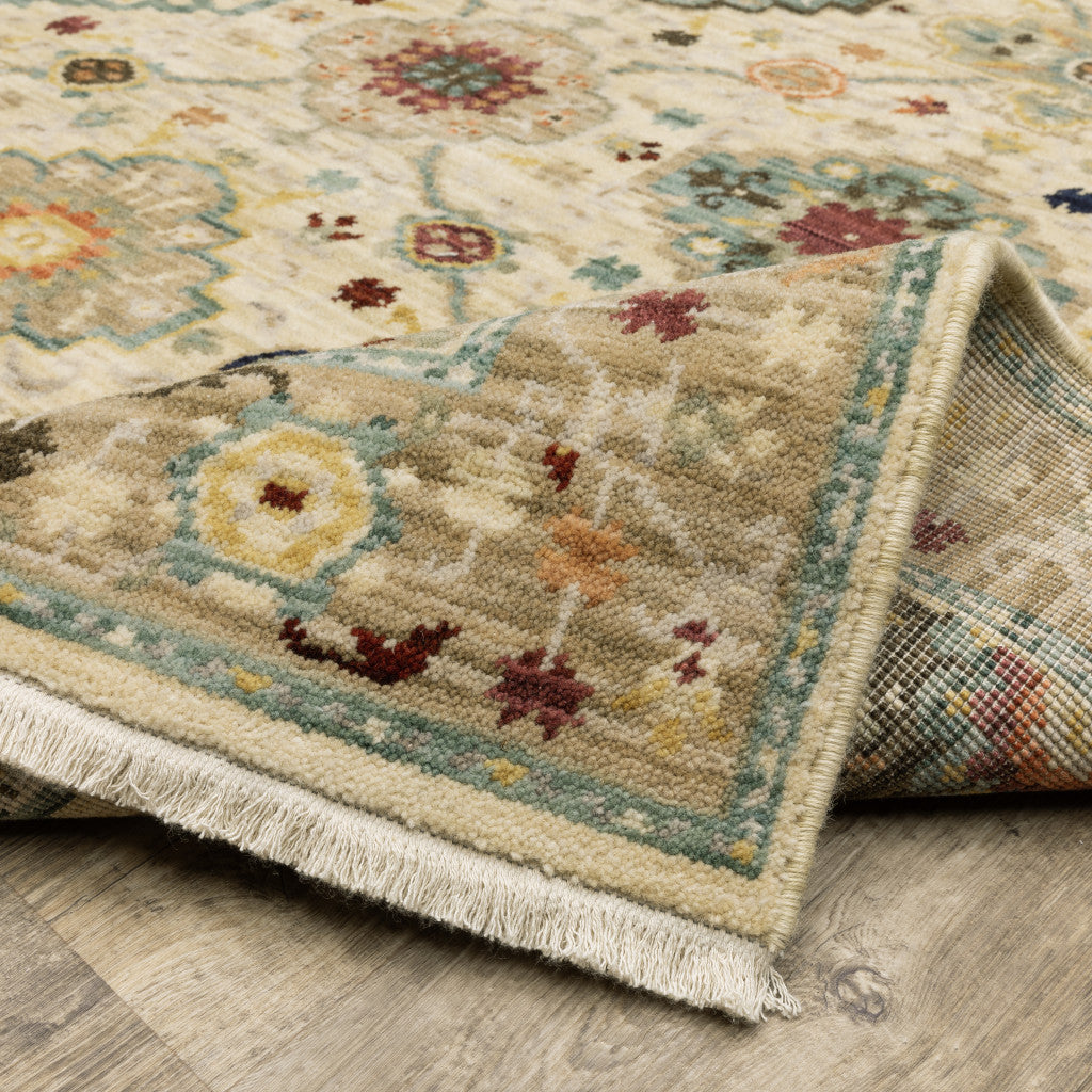 2' X 6' Beige Pale Blue Rust Gold Tan Brown And Orange Oriental Power Loom Stain Resistant Runner Rug With Fringe