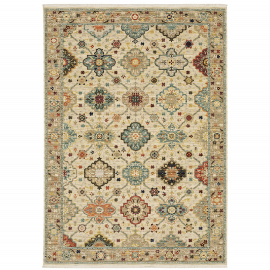 3' X 5' Beige Pale Blue Rust Gold Tan Brown And Orange Oriental Power Loom Stain Resistant Area Rug With Fringe