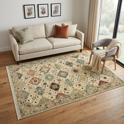 5' X 8' Blue And Beige Oriental Area Rug With Fringe