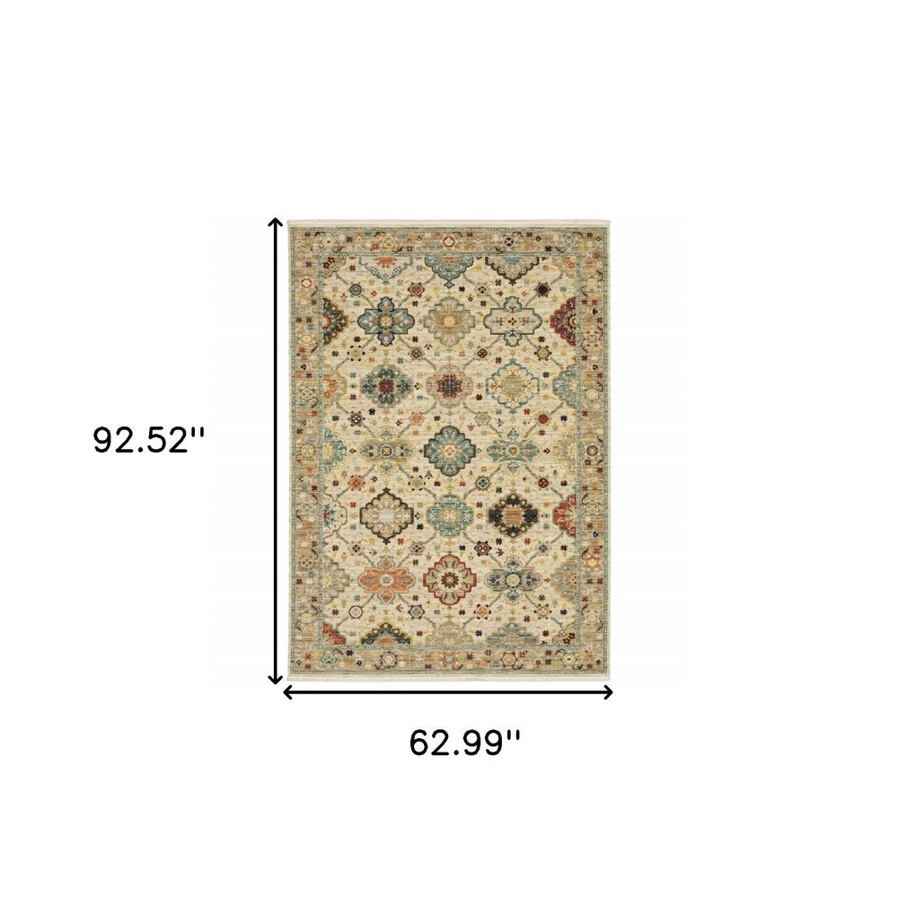 5' X 8' Blue And Beige Oriental Area Rug With Fringe