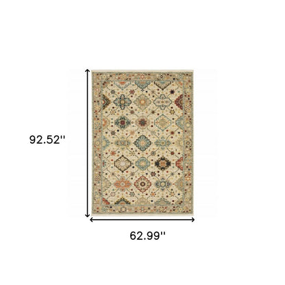 5' X 8' Blue And Beige Oriental Area Rug With Fringe