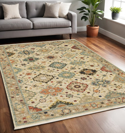 5' X 8' Blue And Beige Oriental Area Rug With Fringe