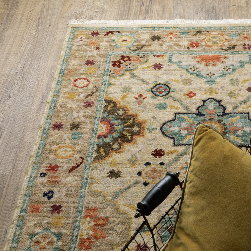 5' X 8' Blue And Beige Oriental Area Rug With Fringe