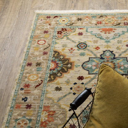 5' X 8' Blue And Beige Oriental Area Rug With Fringe