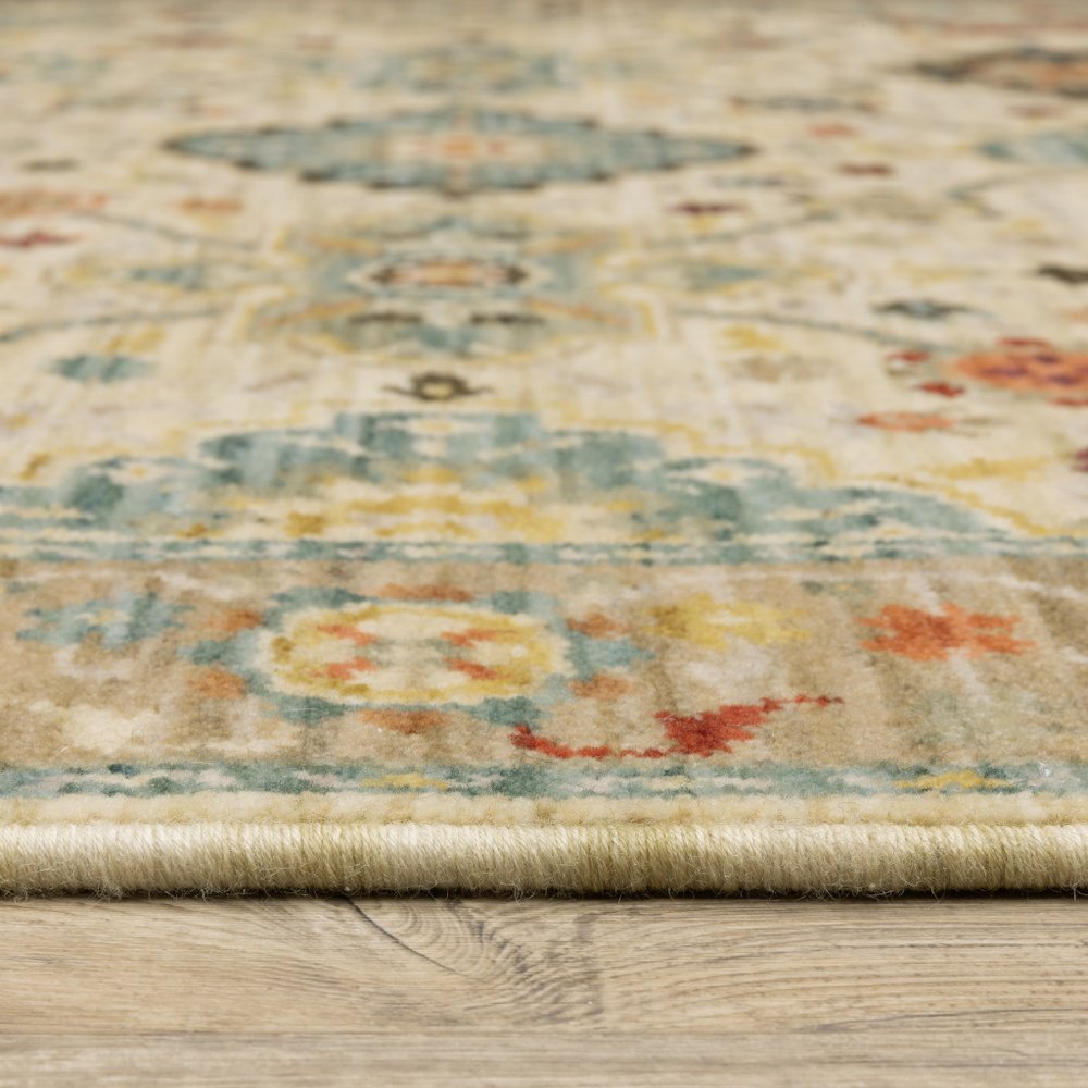 5' X 8' Blue And Beige Oriental Area Rug With Fringe