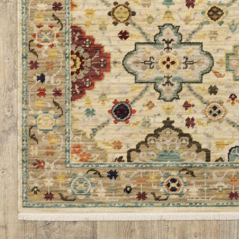 5' X 8' Blue And Beige Oriental Area Rug With Fringe