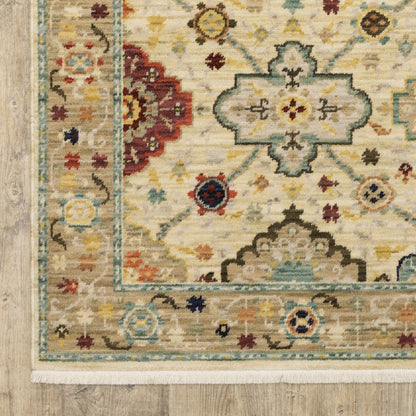 5' X 8' Blue And Beige Oriental Area Rug With Fringe