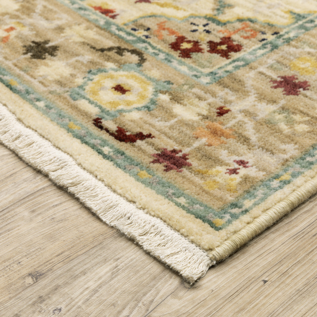6' X 9' Beige Pale Blue Rust Gold Tan Brown And Orange Oriental Power Loom Stain Resistant Area Rug With Fringe