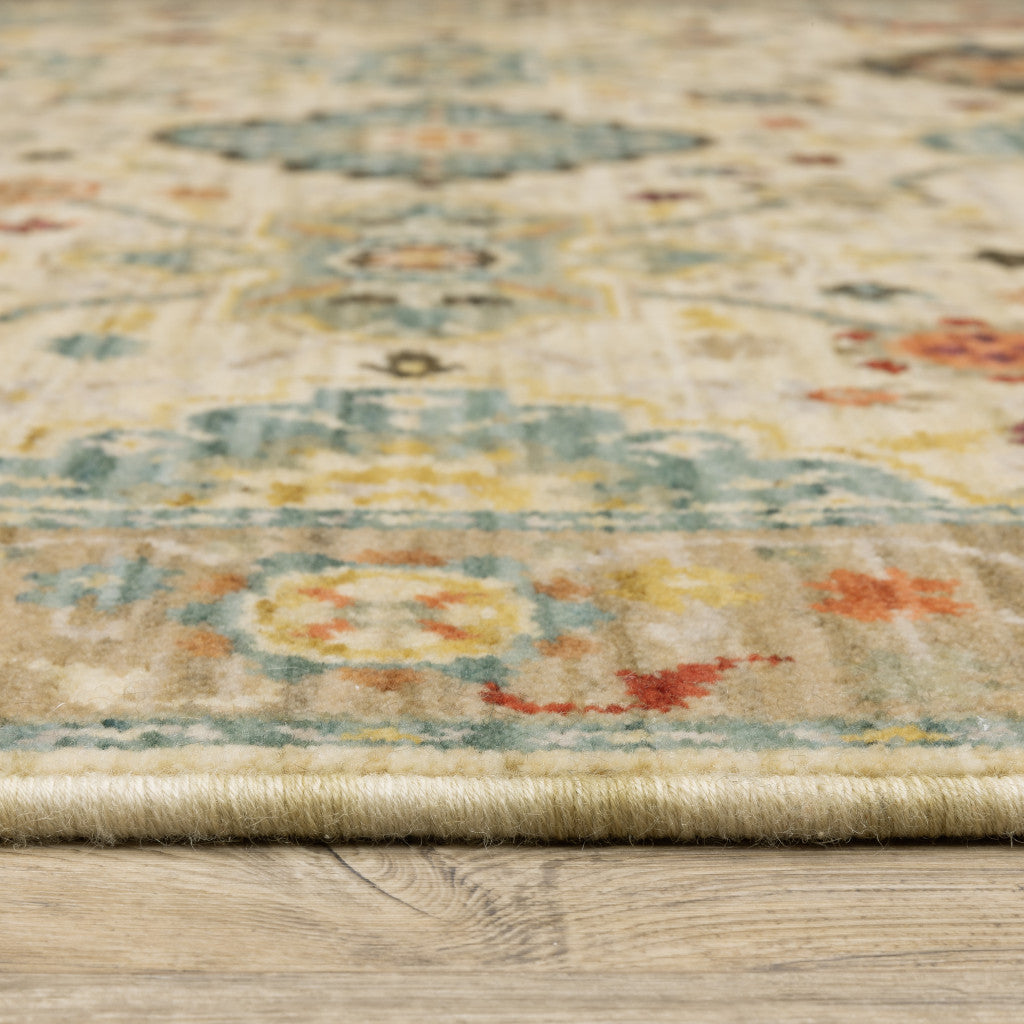 10' X 13' Beige Pale Blue Rust Gold Tan Brown And Orange Oriental Power Loom Stain Resistant Area Rug With Fringe